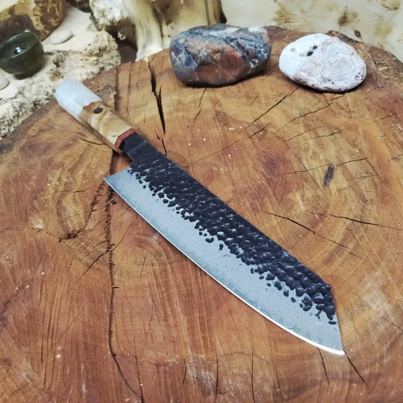 kiritsuke knife damascus steel 73 layers elm resin