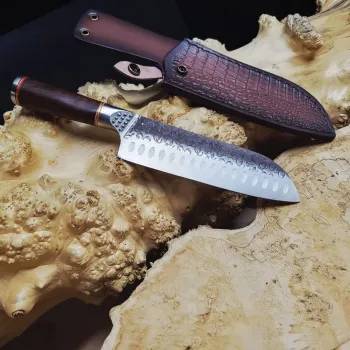 Кований кухонний ніж Santoku 18 см 5Cr15MoV з руків'ям з африканського ебенового дерева та шкіряним чохлом