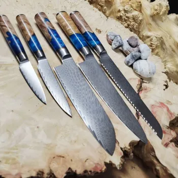 Набір кухонних ножів 5 предметів із багатошарової сталі з руків'ям із капа дерева та смоли