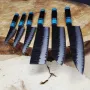 Набор кухонных ножей 6 шт из 7-слойной дамасской стали с рукоятями из бирюзового камня и чёрного дерева