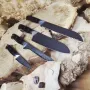 Набір кухонних ножів AUS-8 з лазерним візерунком — 4 ножі (Santoku, обробний, овочевий, хлібний)
